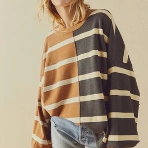Free People Brown Gray Cream Uptown Striped Pullover Crewneck Sweater S
